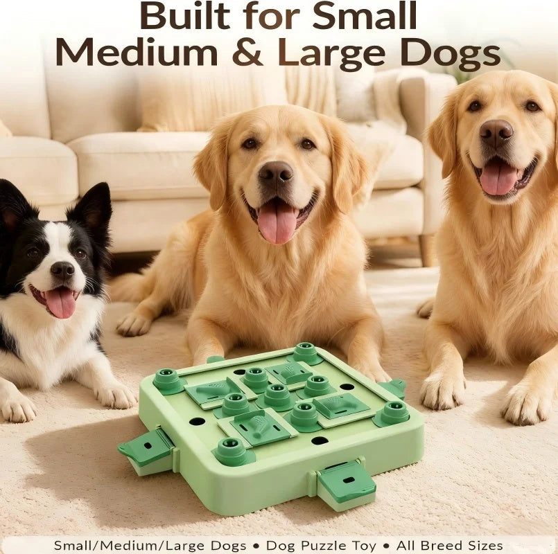 Three happy dogs of different breeds sitting next to the green Gigletto puzzle feeder toy on a cozy living room carpet.