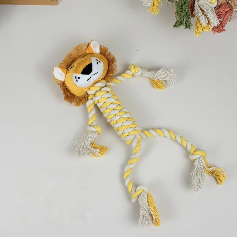 Adorable lion dog chew toy featuring a plush head and yellow-and-white braided cotton rope body.