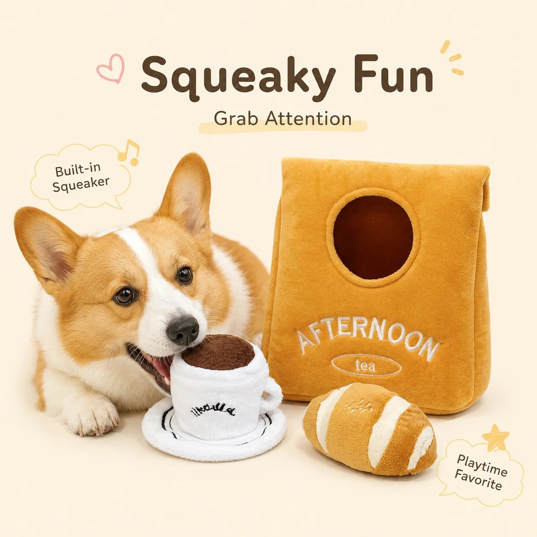 Happy Corgi chewing on a plush coffee cup toy next to an Afternoon Tea snuffle bag and croissant toy.