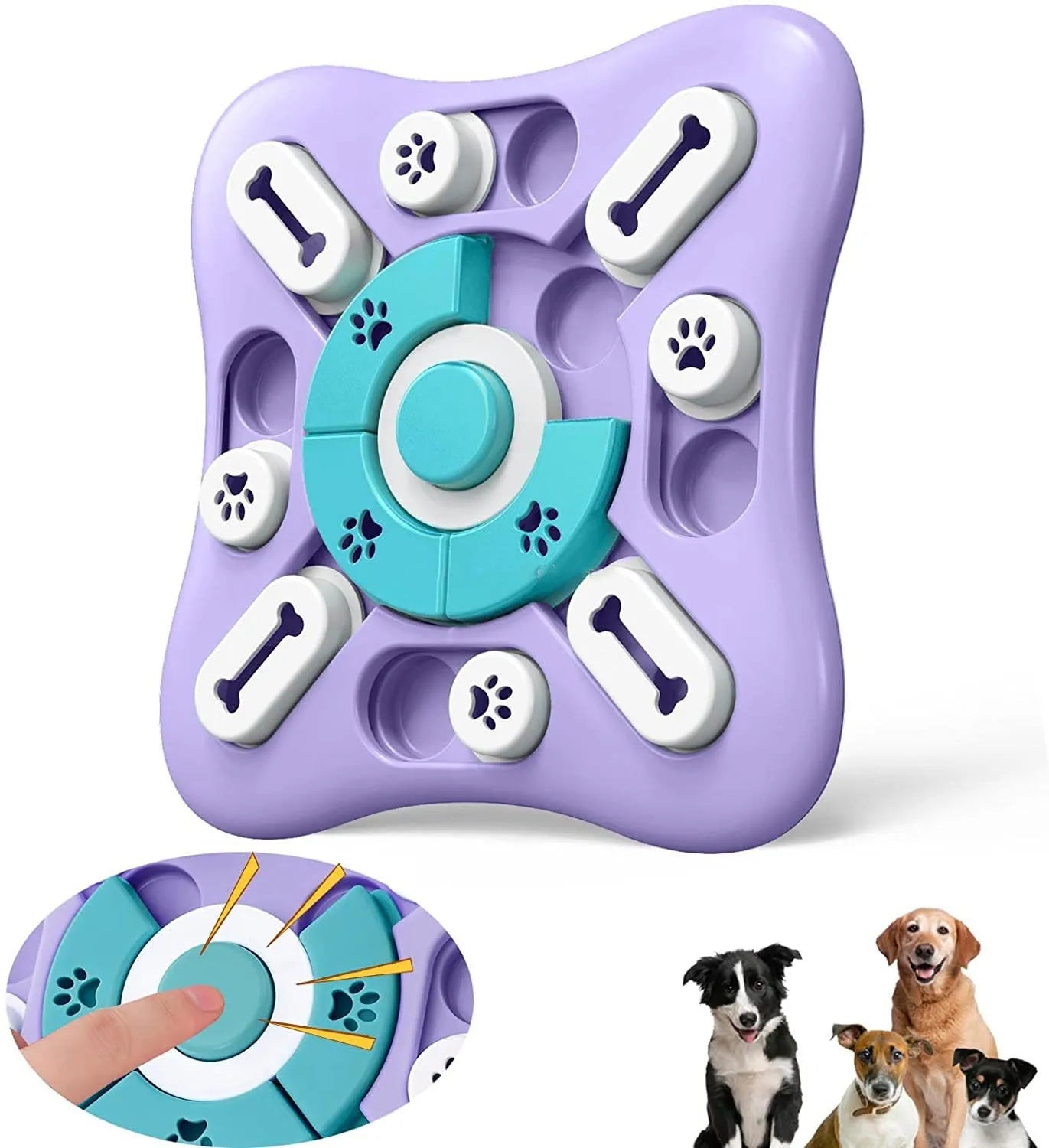 Purple interactive dog puzzle toy showcasing the rotating center dial and sliding treat compartments.