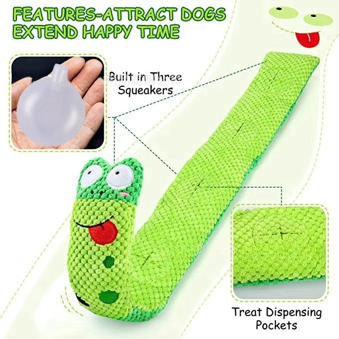 Unrolled green plush dog toy showing three built-in squeakers and multiple treat dispensing pockets for nosework.