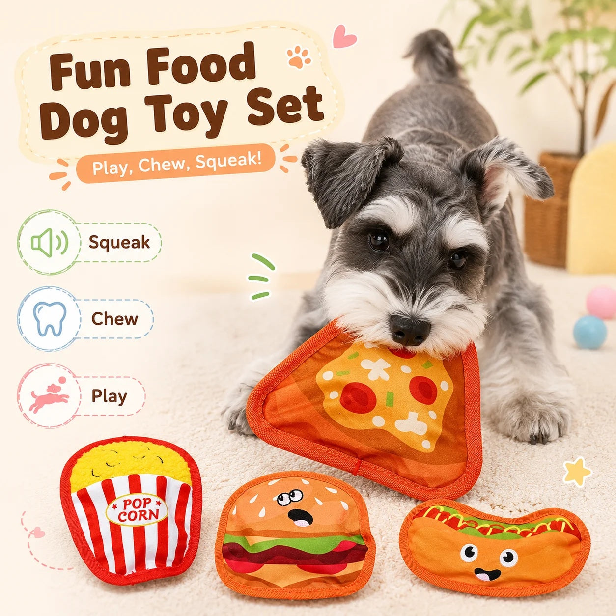 Schnauzer puppy playing with a pizza plush toy next to hamburger, hot dog, and popcorn squeaky toys.