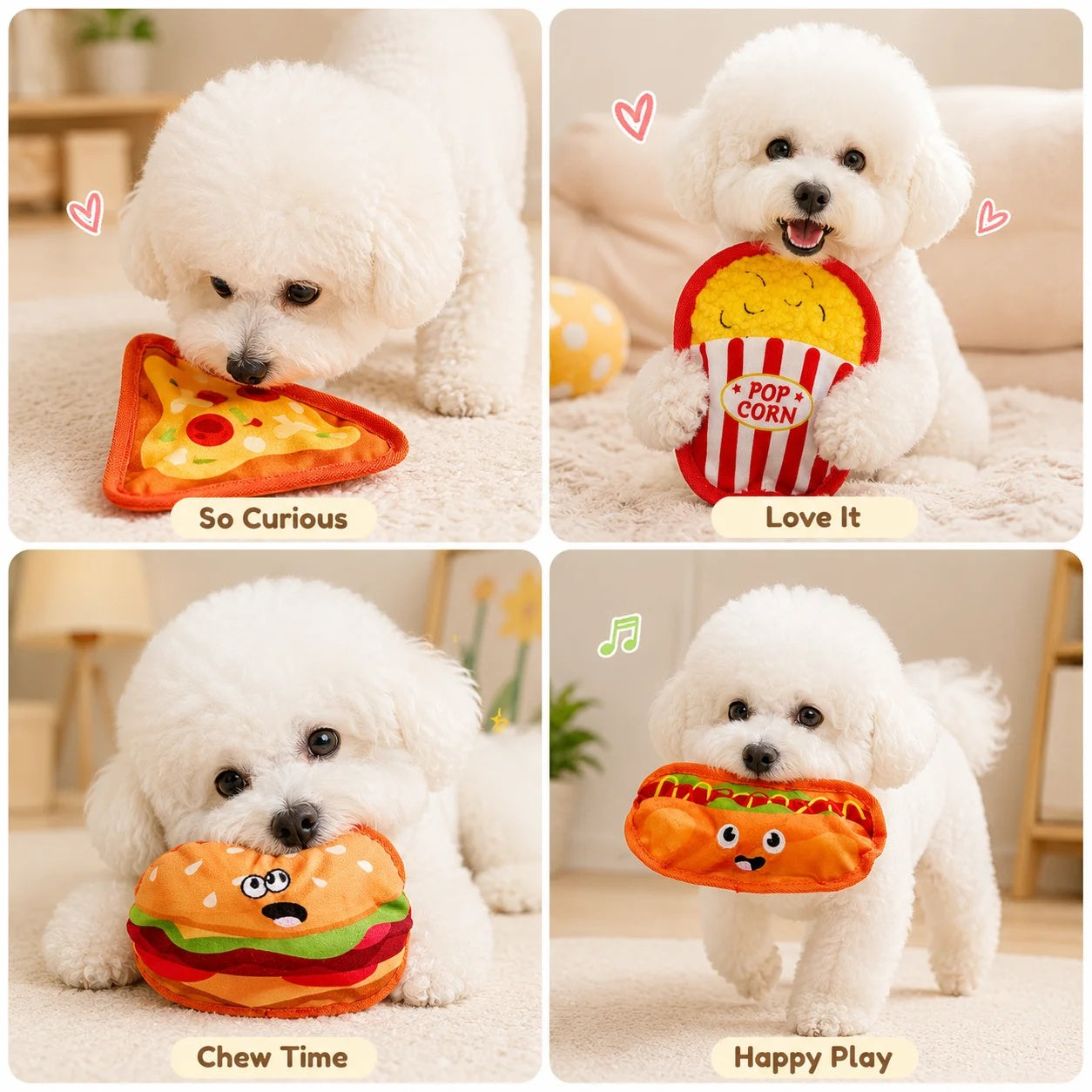 A complete set of four fast food plush dog toys including pizza, burger, hot dog, and popcorn.