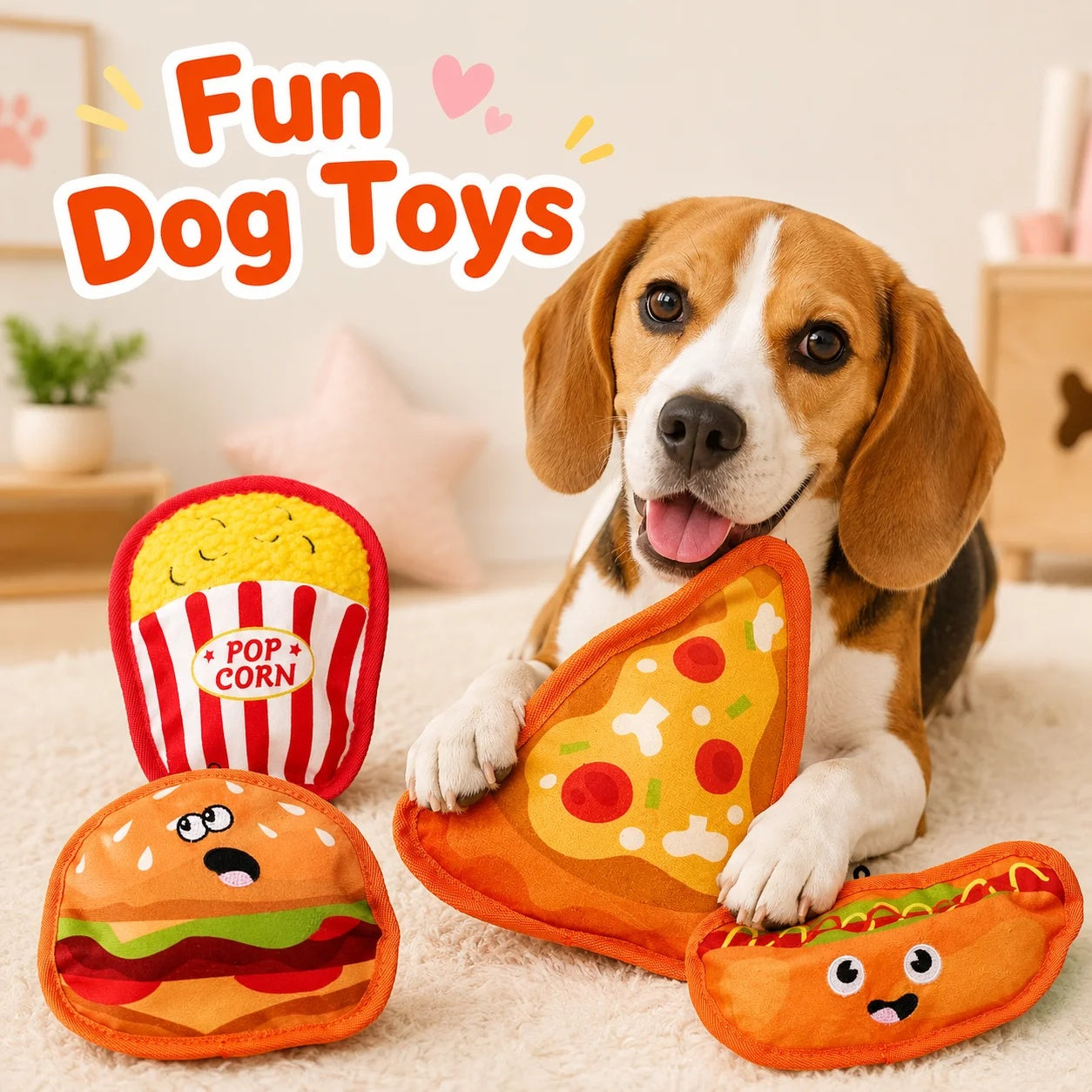 Detailed view of the durable double-stitched reinforced seams on a fast food plush dog toy.