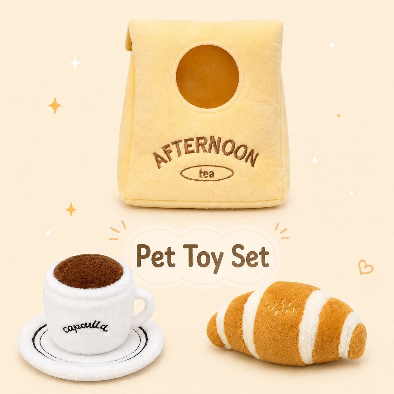 Afternoon Tea plush dog snuffle bag set featuring a white coffee cup toy and a golden croissant toy.