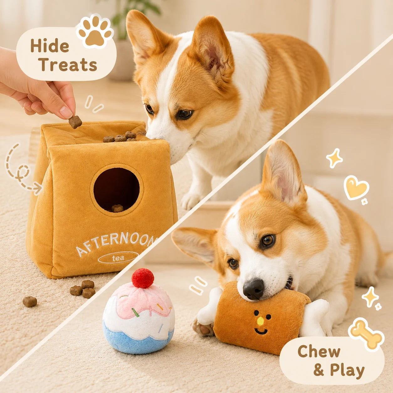 Corgi sniffing treats from an Afternoon Tea snuffle bag and chewing on a cute plush bone toy.