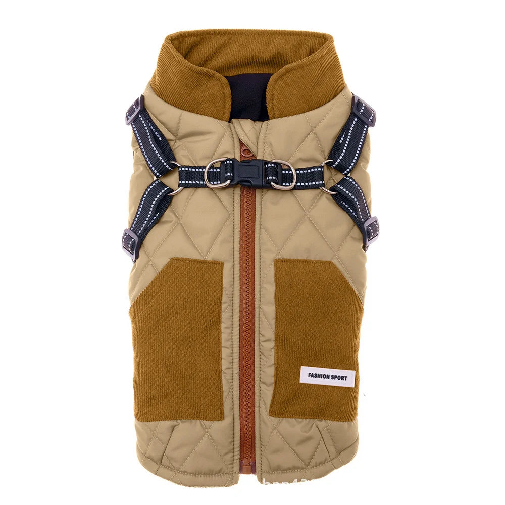 The Gentleman's Corduroy Quilted Dog Vest with Built-in Harness - Warm Winter Coat