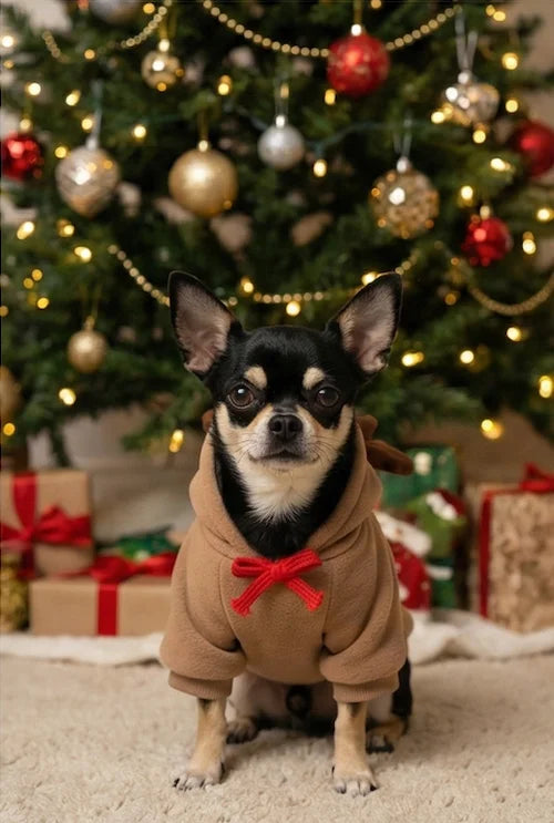Black Chihuahua sitting in front of a Christmas tree wearing a festive Reindeer Hoodie with upright 3D antlers for holiday photos.