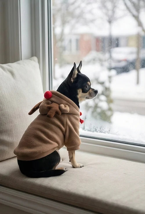 Small dog looking out the window wearing a comfortable Gigletto Reindeer Fleece Hoodie to stay warm indoors during winter.