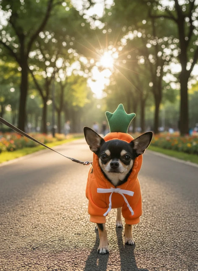 Black Chihuahua walking in a park wearing a cute Gigletto Carrot Fleece Hoodie with a green stem hood.