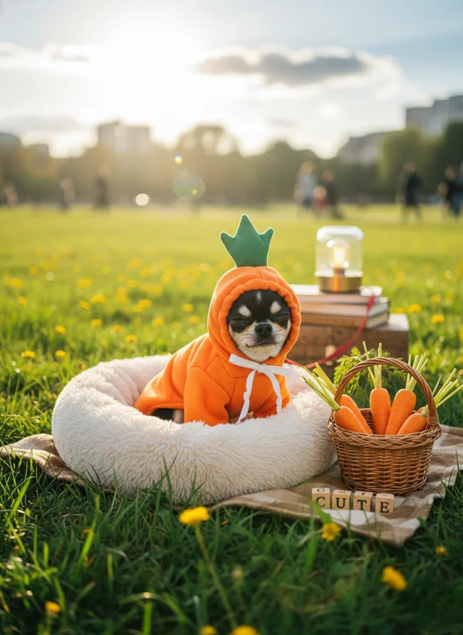 Small dog dressed in an orange carrot costume sitting in a fluffy bed next to a basket of carrots