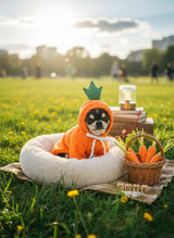 Small dog dressed in an orange carrot costume sitting in a fluffy bed next to a basket of carrots