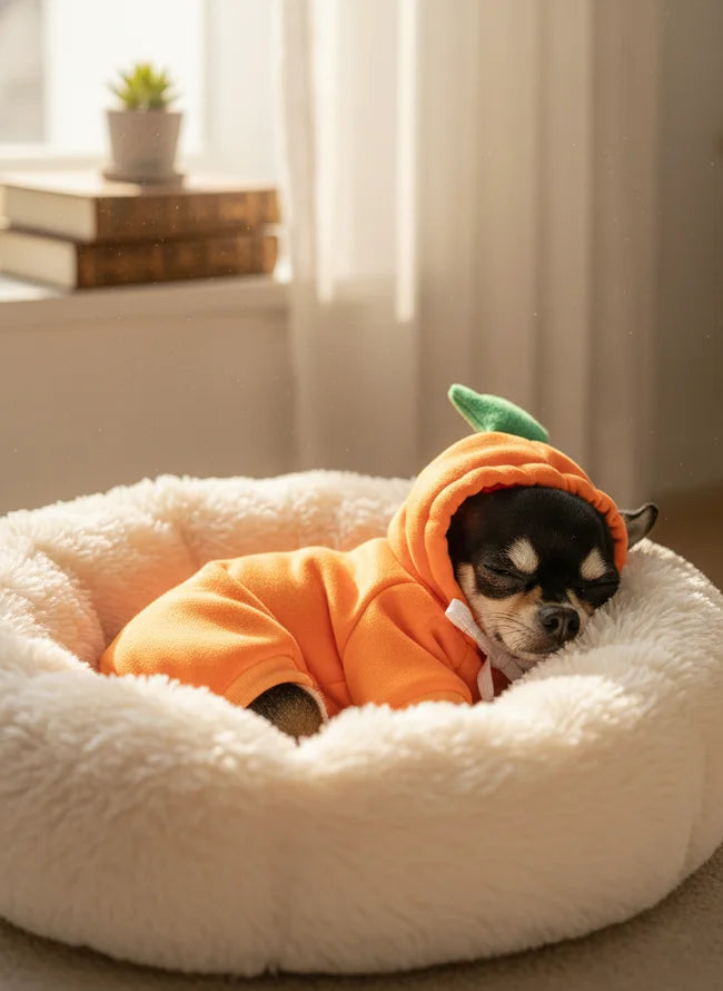 Sleeping Chihuahua wearing a warm, ultra-soft orange fleece hoodie in a cozy dog bed, showing comfort and fit.