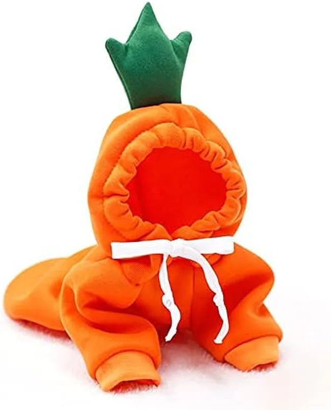 Black Chihuahua walking in a park wearing a cute Gigletto Carrot Fleece Hoodie with a green stem hood.